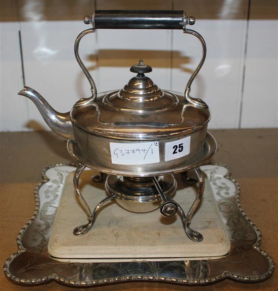 Harrods plated spirit kettle, stand & plated bread board